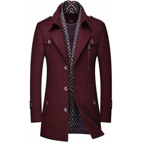 New Men's Wool Blend Pea Coat Warm Coat Wine Red - Picture 1 of 7